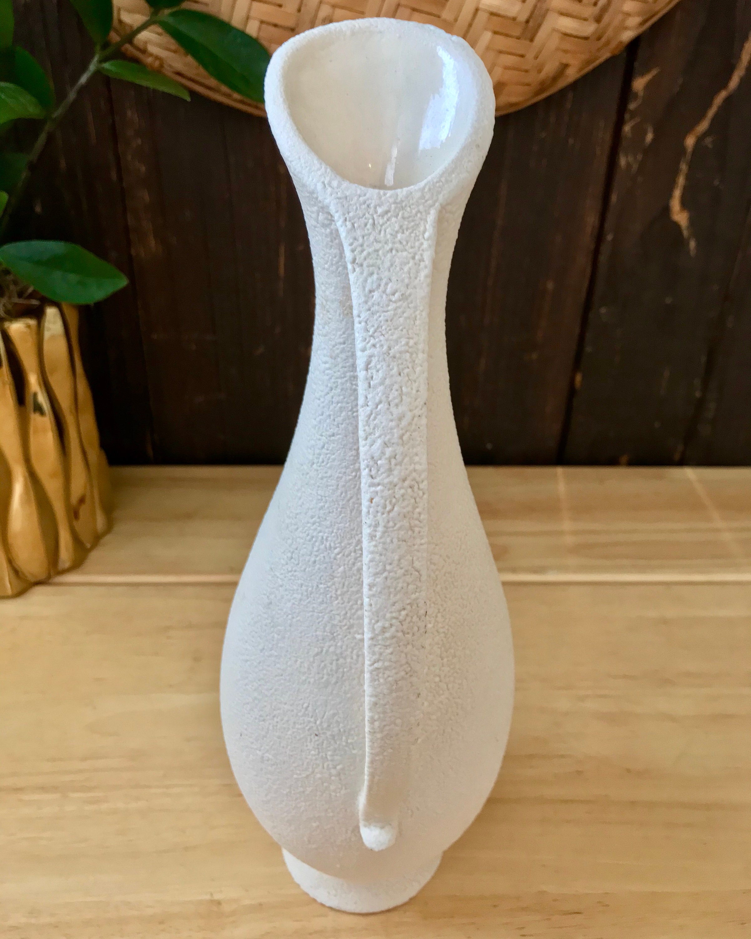 Mid Century White Ceramic Pitcher Vase with Hand Painted Etsy