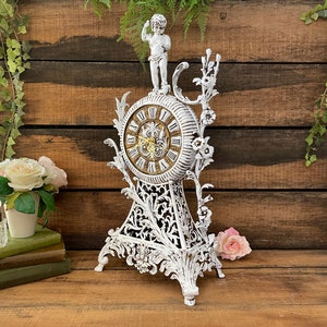 Large 20&quot; Heavy Solid Brass or Bronze Floral Mantle Clock with Figural Cherub Angel, White, Old World, French Romantic Shabby Cottage Chic