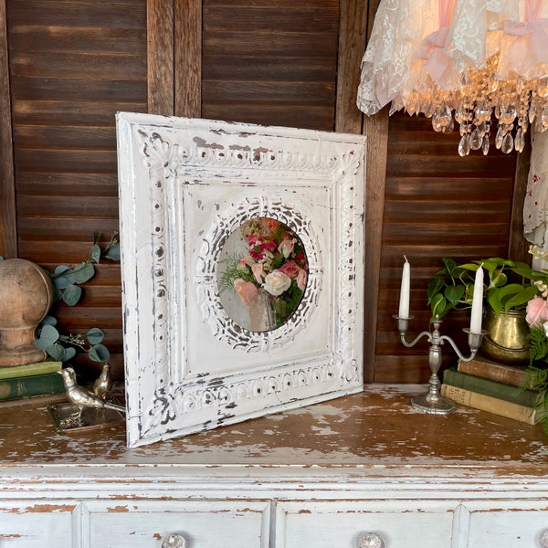 Antique Tin Ceiling Tile Square Framed Wall Mirror, Distressed White Chippy Paint, Round Center Mirror 22.5“x 22.5“ Handmade Shabby Cottage