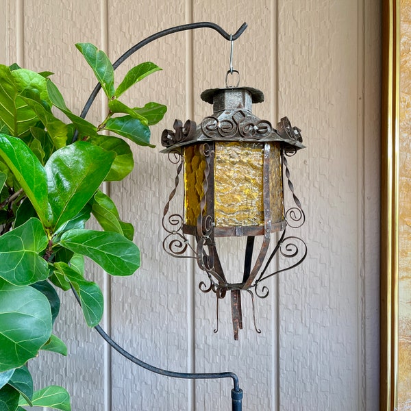 Vintage Spanish - Mexican Metal Hanging Lantern with Gold Textured Glass Panels, Natural Rusty Distressed Patina and Beautiful Scrollwork |5