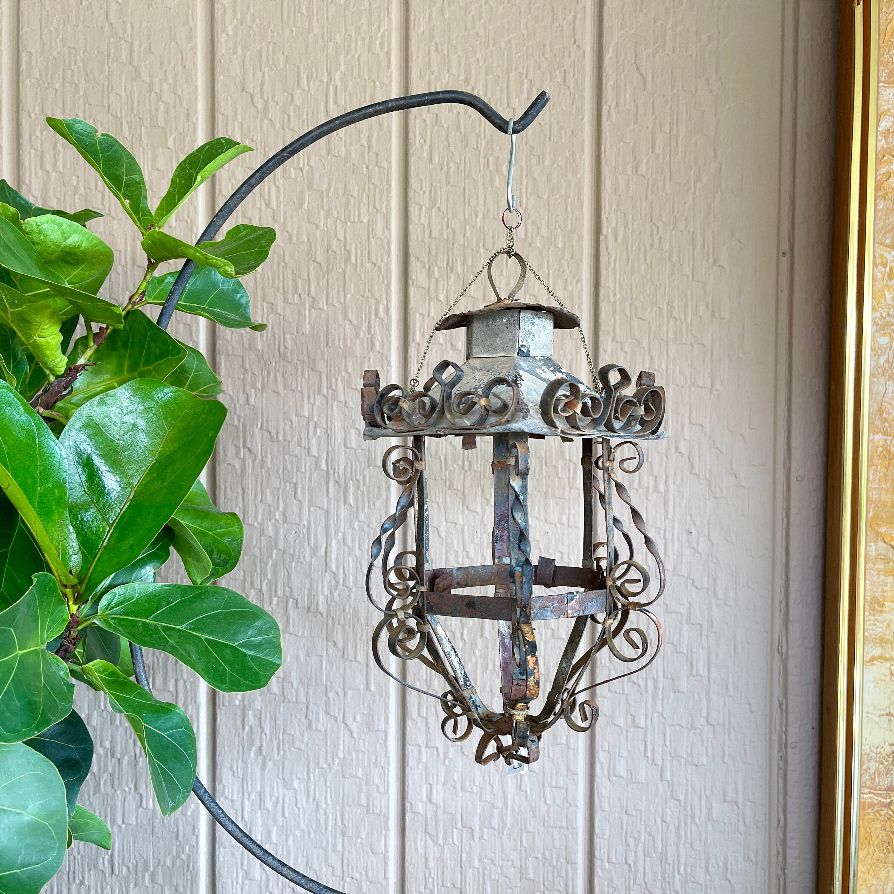 Vintage Spanish - Mexican Metal Hanging Lantern with Naturally Weathered Rusty and Distressed Patina and Beautiful Scrollwork | #6