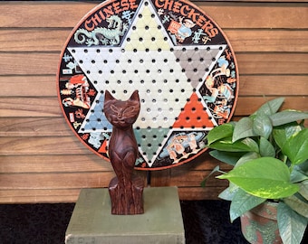 2 pc 1960s Retro MCM Shelf Decor: Chinese Checkers Metal Game Board (Pixie Toys) and Hand-carved Teak Wood Siamese Cat (K1)