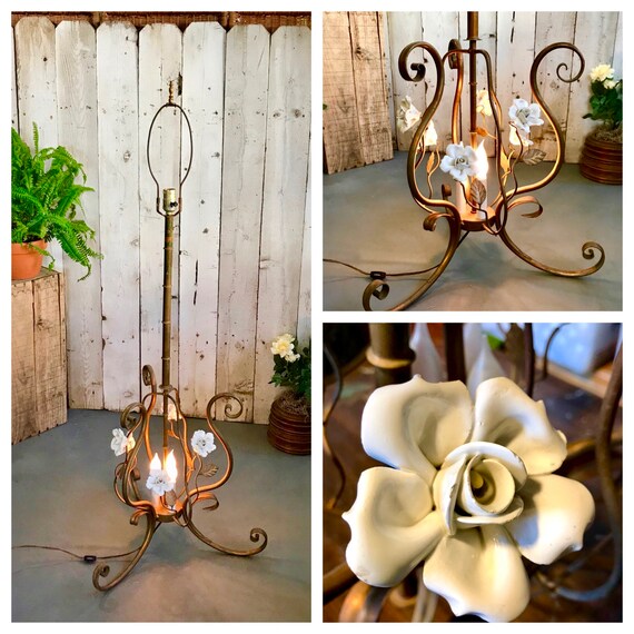 Italian Tole Porcelain Roses Floor Lamp Gold Gilt Rose With White Made In Italy 53 5 Tall