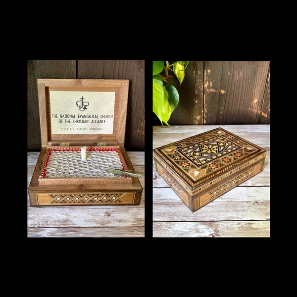 Vintage Sryian Marquetry Wood Inlay Box of Daily Bible Verse Scripture Scrolls - Tabaleh, Damascus - Psalm Box - Religious Christian Gift