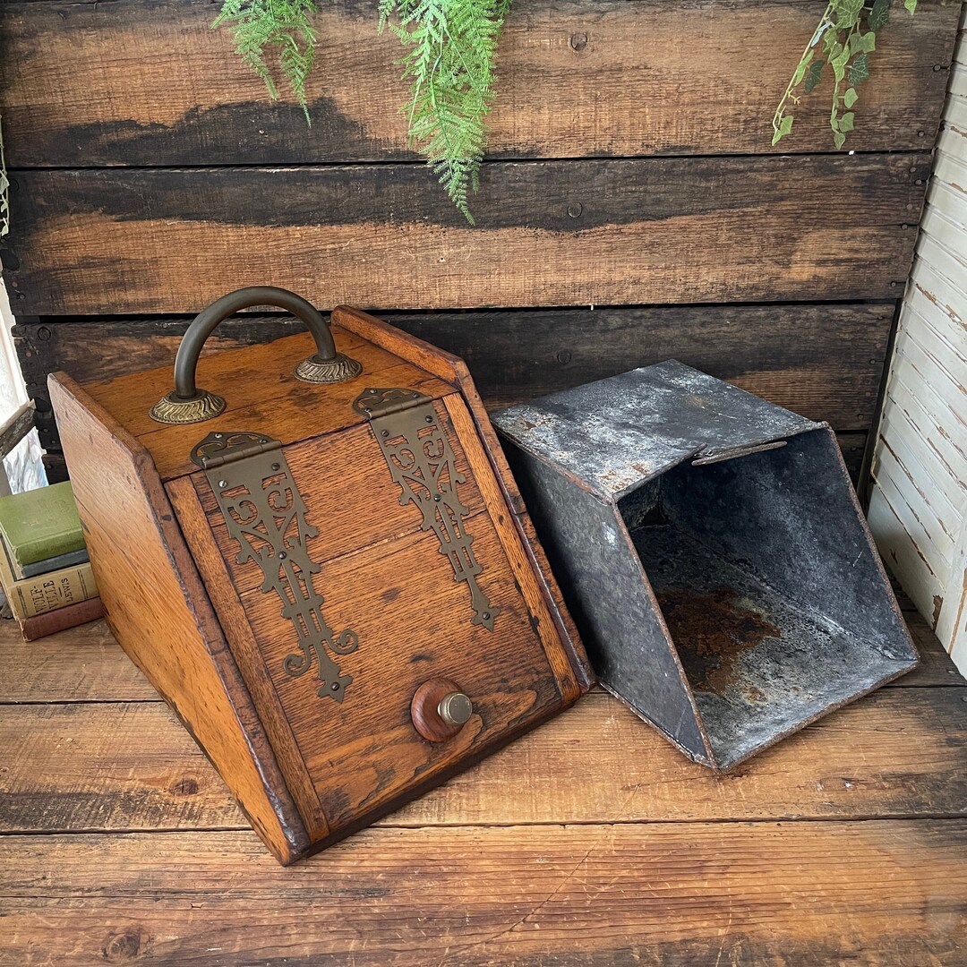 Antique Wood Coal Box, Victorian Wood and Brass Coal Scuttle Box