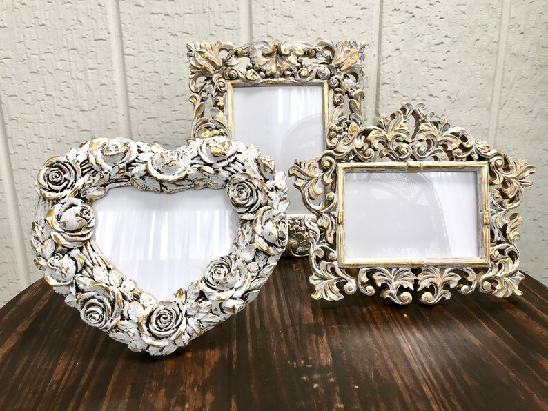 Shabby White And Gold Photo Frames Set Of 3 Chunky Table Top Image 0