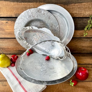 5 pc Collection Hand Wrought Hammered Aluminum Serving Trays & Lazy Susan, Raised Florals, Roses, Wendell August, Rodney Kent, Canterbury WD