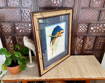 Mid Century Wood and Bamboo Slat Wall Frame with Blue and Yellow Macaw Parrot Bird by Edward Lear Art Print, Tiki Wall Art, Tropical Decor