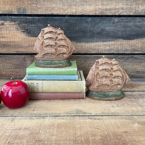 Pair of Mid Century Faux Wood  &quot;Constitution&quot; Ship Bookends, Maritime, Nautical, Library, Book Shelf Decor #V8