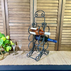 Vintage Wrought Iron 6 Bottle Wine Holder - Curly Scrolls Spanish Revival Black Free Standing Wine Rack, Counter Top Wine Bottle Display