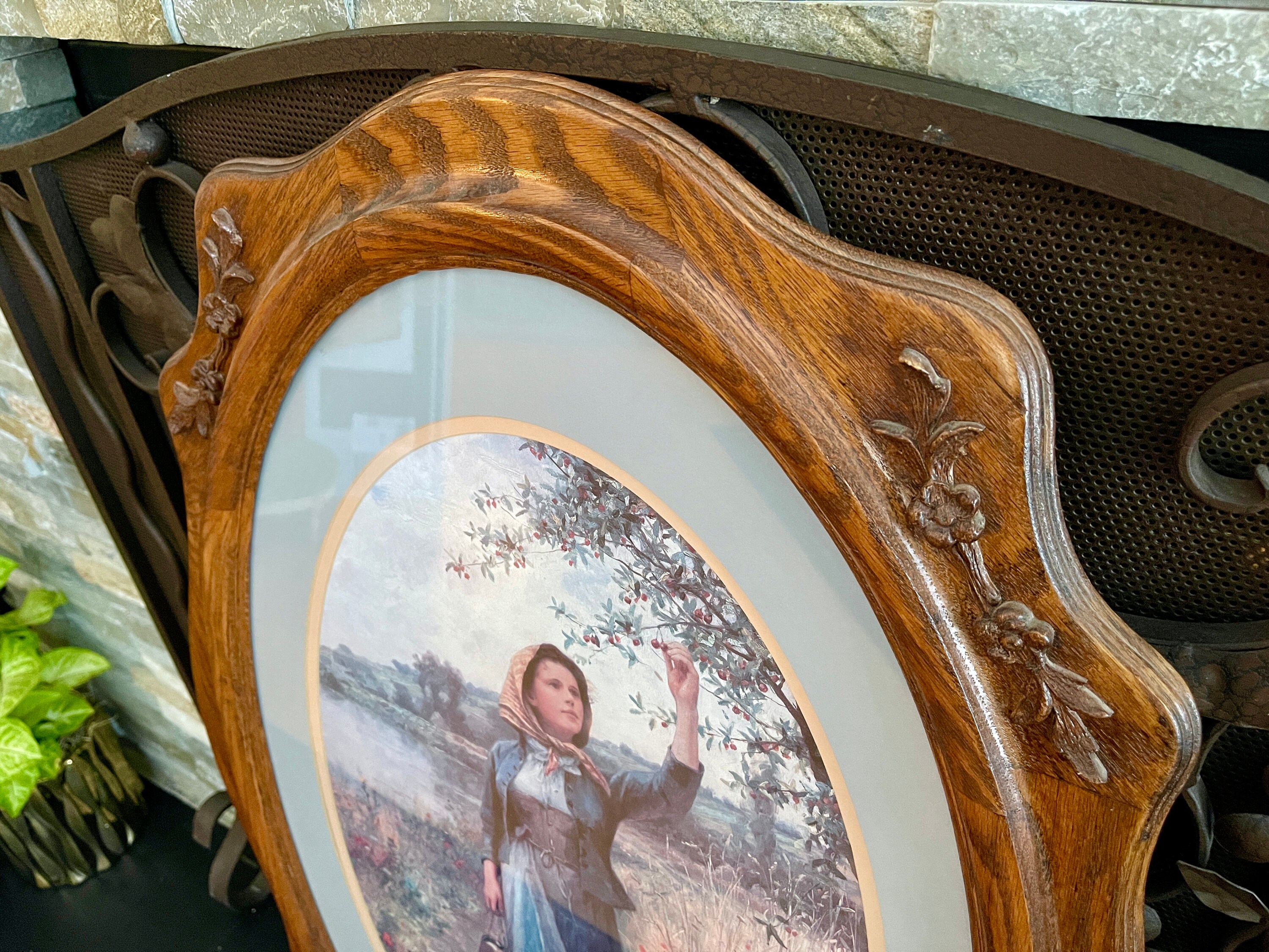 LARGE Oval Oak Wood Frame With Flower Onlays Sun Faded Etsy