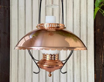 Vintage Mid Century Copper Oil Lamp Style Hanging Ceiling Light with Frosted Chimney Shade