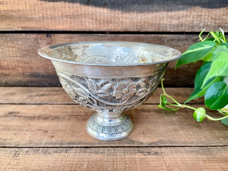 Silverplate Repousse Pedestal Bowl W/ Floral Embossing & - Etsy