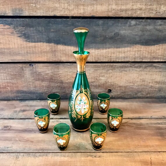 Cut Crystal With Emerald Green Overlay Mid Century Emerald Green