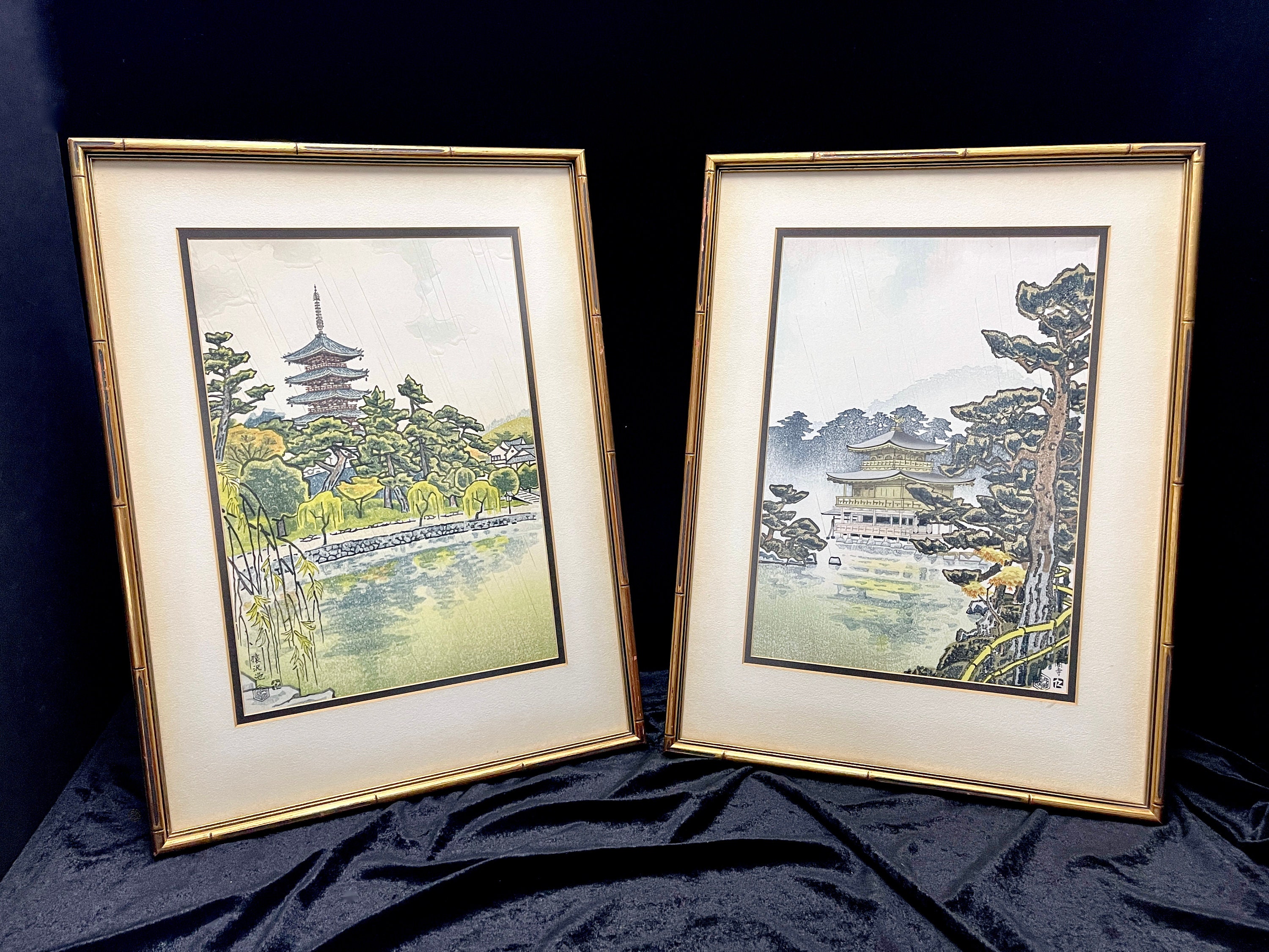 Pair of Nisburo Ito Japanese Woodblock Prints - 22 x 16.5 Gold Faux Bamboo Frames - Golden Pavillion Kyoto & Sarusawa Pond Nara - Uchida Art