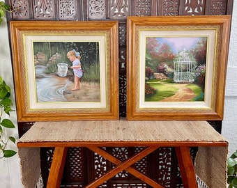 Pair Original Canvas Paintings in Oak Wood Frames by Unknown Artist Lesly, Hand Painted Cottage Garden Gazebo and Young Child Girl in Nature