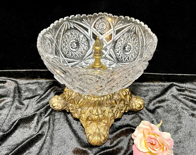 Brilliant Cut Glass Compote Bowl on Ornate Gold Pedestal Base Candy ...