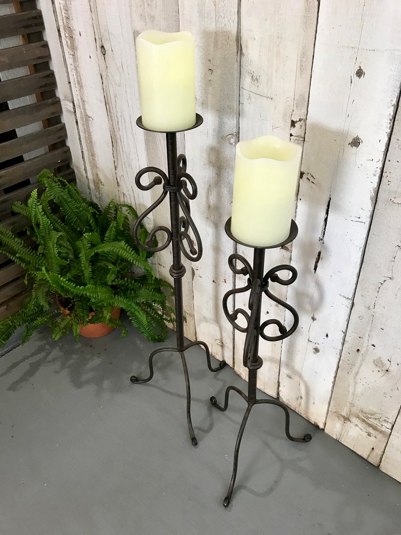 Tall Wrought Iron Pillar Candle Holder Set Of 2 32x12 And 27x12 Tall Metal Floor Candle Stands Iron Plant Stand Set Metal Plant Holders