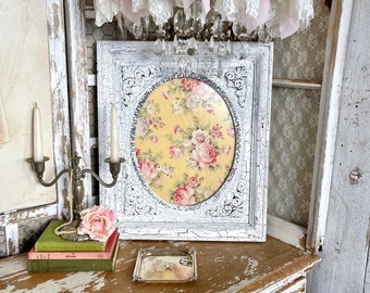 Vintage 20 x 17 Hand Painted White Shabby Cottage Crackle Distressed Painted Wall Frame with Oval Center - Ornate Wood Wall Portrait Frame