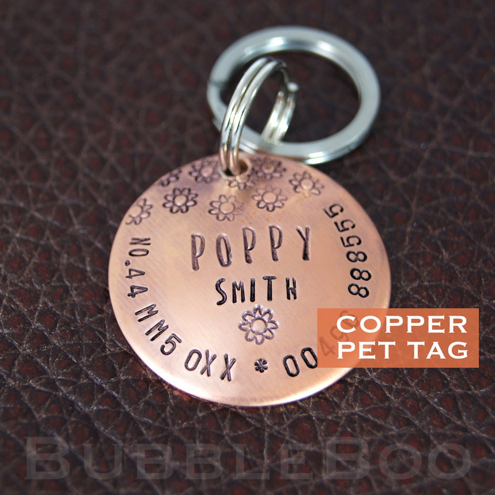 Pet Dog Name Tag. Personalised domed copper disc with FLOWERS. Etsy