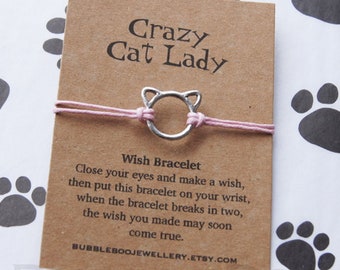 Crazy Cat Lady Wish Bracelet. Gift for a cat lover. Humorous gift for a lady who loves cats. Jokey gift for someone who 'belongs to cats'.