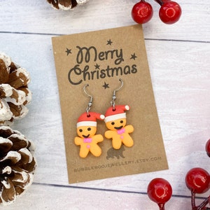 Gingerbread Man Earrings. Secret Santa Gift. Polymer Clay and Stainless Steel Wires.
