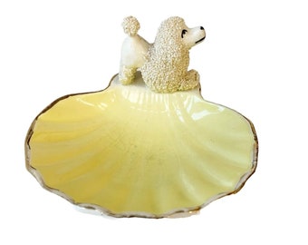 Vtg Staffordshire Sea Shell joyería baratija plato caniche perro 1950 soporte de anillo