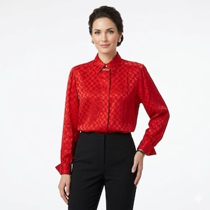 May include: A bright red long-sleeve blouse with a textured pattern and a classic collar. The blouse is paired with black trousers. The blouse has a button closure and cuffs. The overall style is professional and elegant.