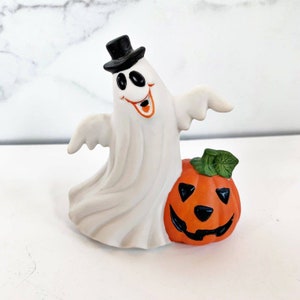 Halloween Ghost Figurine With Black Top Hat & Jack O Lantern Vintage Ceramic E1