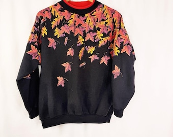 Vtg Bernie's Glen Sweatshirt Womens Large Black Fall Leaves Fleece Pullover 90s