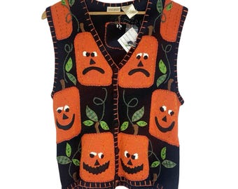 VTG Bobbie Brooks Halloween Pumpkin Sweater Vest Embroidery Beaded Medium NOS