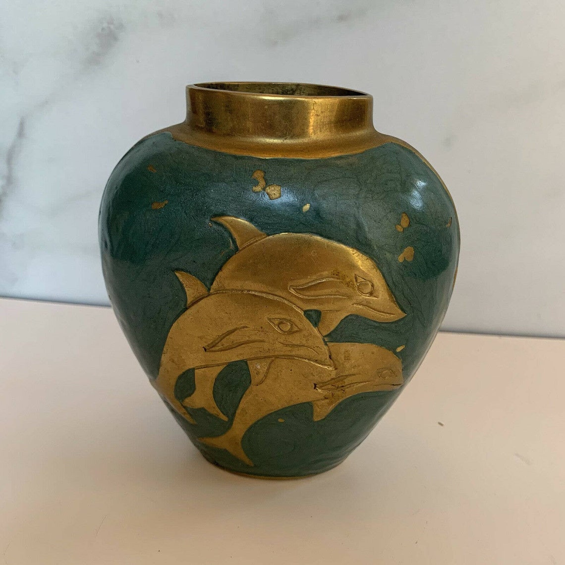 Brass and Teal Enamel Dolphin Vase 5 ER2 Etsy
