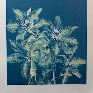 Reductive Woodcut Print &quot;clematis daze&quot; Various Colors - Original - Blue - Sunset - Red - Violet