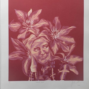 Reductive Woodcut Print &quot;clematis daze&quot; Various Colors - Original - Sunset - Blue - Violet - Red