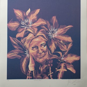 Reductive Woodcut Print &quot;clematis daze&quot; Various Colors - Original - Violet - Sunset - Blue - Red