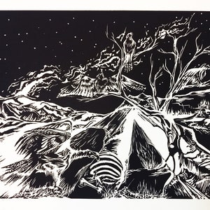 Vultures and Decay Original Wood Carved Reduction Print - Landscape - Natural - Fantasy - Black and White