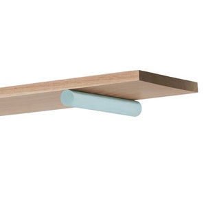 May include: A light blue shelf bracket with a wooden shelf attached. The bracket is a cylinder shape and the shelf is made of wood.