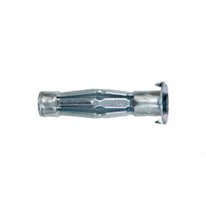 May include: A silver metal drywall anchor with a serrated design and a flat, circular head with a pointed edge.