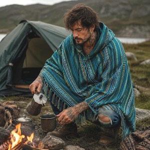 Unisex Festival Poncho Hoodie, Boho Baja Poncho, Hippie Clothing, Hooded Camping Wear, Outdoor Adventures