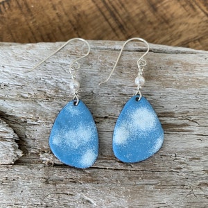 Torch Fired Enamel Earrings: Blue White Copper with Sterling Silver