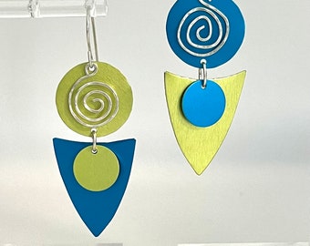 Anodized aluminum lightweight large dangle earrings, blue and lime metal drop earrings, wearable art, geometric statement earrings