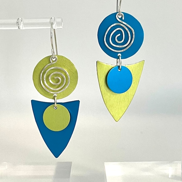 Anodized aluminum lightweight large dangle earrings, blue and lime metal drop earrings, wearable art, geometric statement earrings