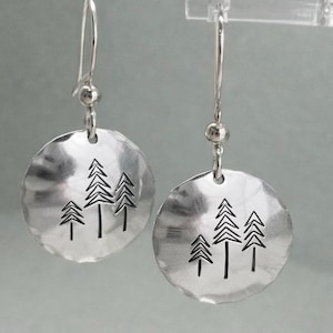Handmade Stamped Pewter Earrings, Three Pine Tree, Sterling Silver Wires