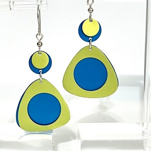 Anodized aluminum lightweight dangle earrings, lime green and blue metal drop, art jewelry, wearable art, geometric statement jewelry