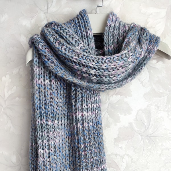 Knitted alpaca grey-blue melange scarf, light-grey wool scarf, winter chunky scarf, knitted alpaca wrap, women's scarf, grey-blue wool wrap