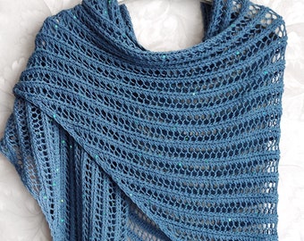 Knitted blue cotton with sequins shawl, blue jeans cotton baktus, knitted blue cotton wrap, women's shawl, summer shawl, baktus with sequins