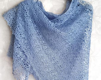 Crochet blue linen shawl, knit linen shawl, light-blue boho shawl, knit blue shawl, knitted linen wrap, light-blue linen wrap, women's shawl