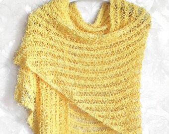 Knitted yellow cotton shawl, yellow cotton baktus, light-yellow lace shawl, women's shawl, summer shawl, boho shawl, knit yellow cotton wrap
