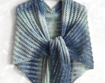 Knitted blue melange merino shawl, blue merino baktus, blue striped shawl, knitted merino wrap, blue wool wrap, winter shawl, women's shawl