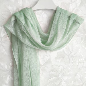 Knitted mint linen scarf, summer scarf, light-green lace scarf, knit green linen stola, women&#39;s scarf, knit linen wrap, green tea lace wrap